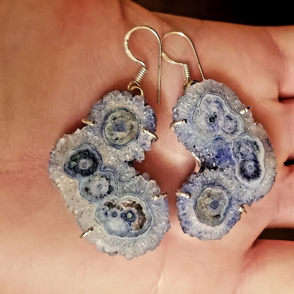New Oversized Blue Solar Quartz Agate Silver Earrings. - Picture 1 of 14